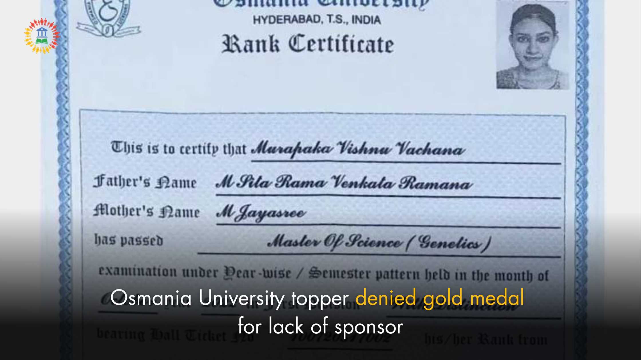 Osmania University topper denied gold medal for lack of sponsor